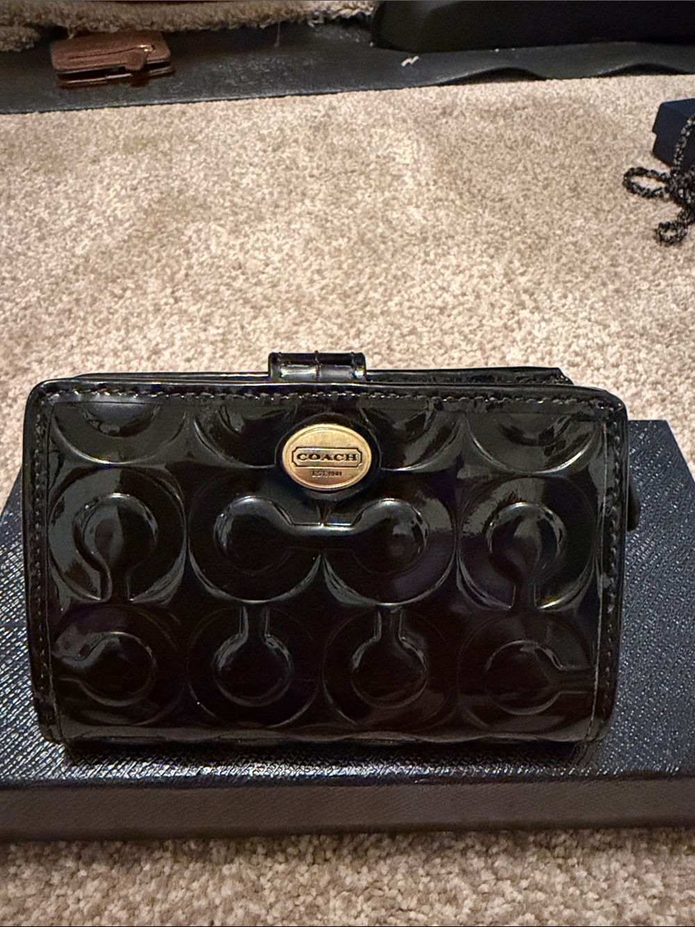 Coach Black Patent Signature Compact Wallet with Gold Logo